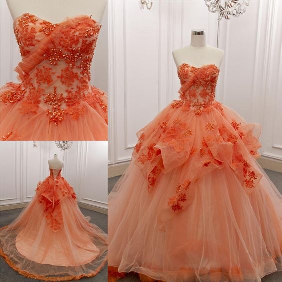 Strapless Orange Lace Tulle Ball Gown Big Train Prom Dress    fg1470