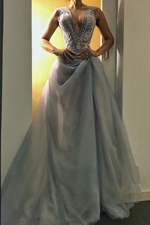 Glamorous V-Neck Long Evening Dress | Sleeveless Prom Dress     fg1536