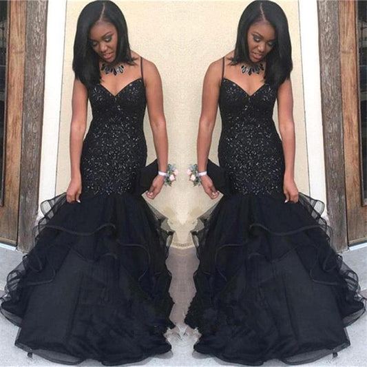 Black Sweetheart Long Tulle Mermaid Spaghetti Straps Mermaid African Prom Dresses       fg1637