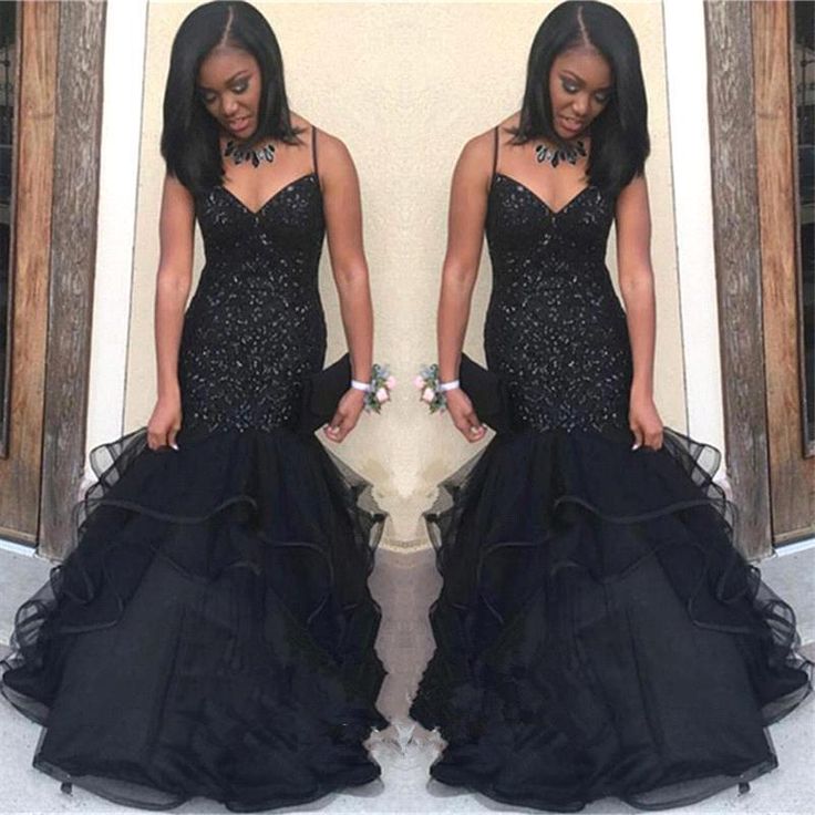 Black Sweetheart Long Tulle Mermaid Spaghetti Straps Mermaid African Prom Dresses       fg1637