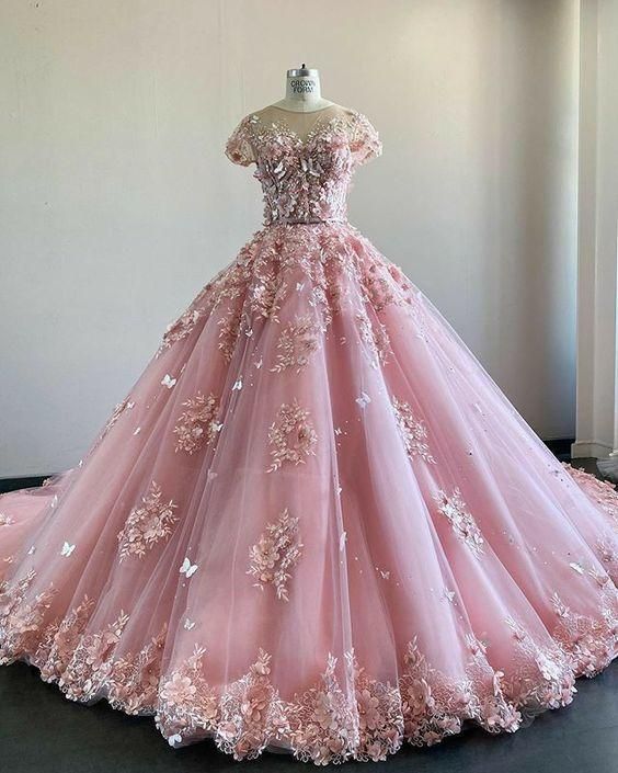 Pink Lace Tulle Prom Dress, Charming Ball Gown       fg1019