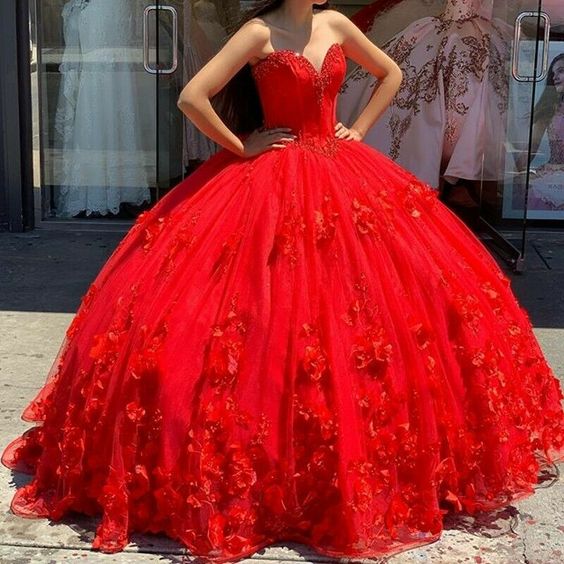 Red Prom Dress Ball Gown Quinceanera Dresses 3D Flowers Princess Corset Back Princess Prom Sweet 16 dress     fg1213