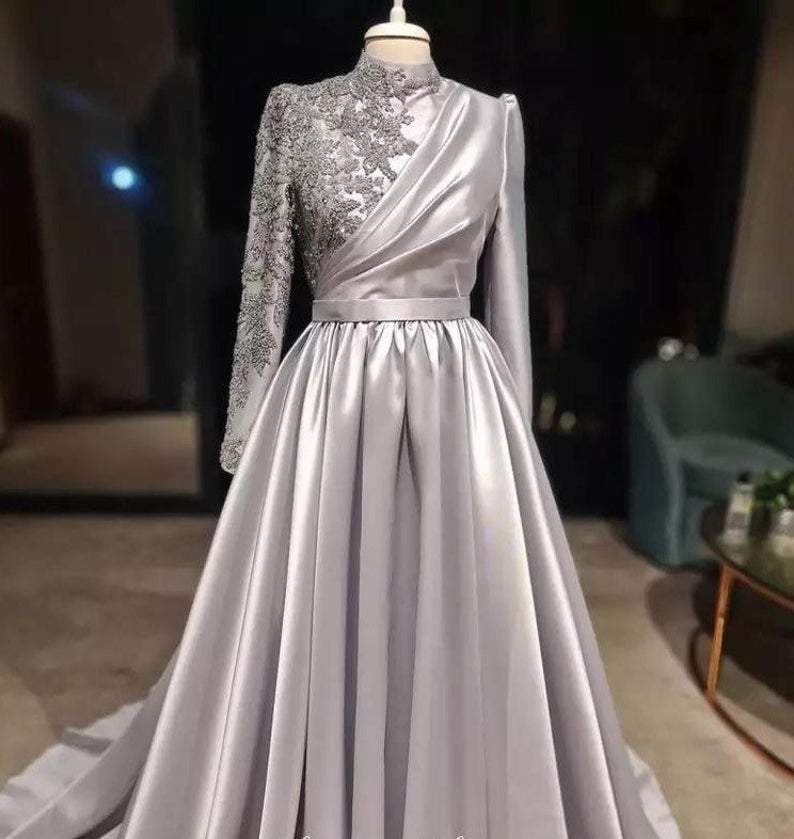 Silver Prom Dress Long Sleeves Dubai Evening Dresses Muslim Women Wedding Party Gowns    fg1493