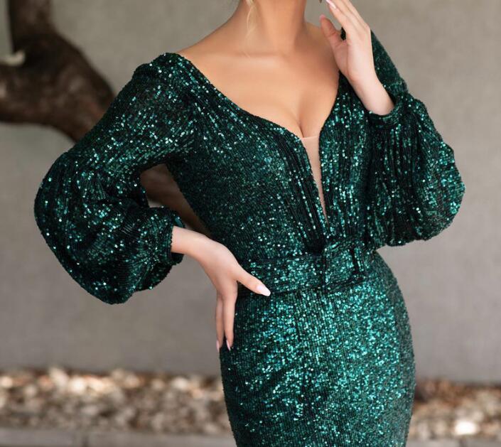 Sparkly Green Long Sleeve Evening Dresses.charming V-Neck Backless Mermaid Formal Evening Gowns      fg2560