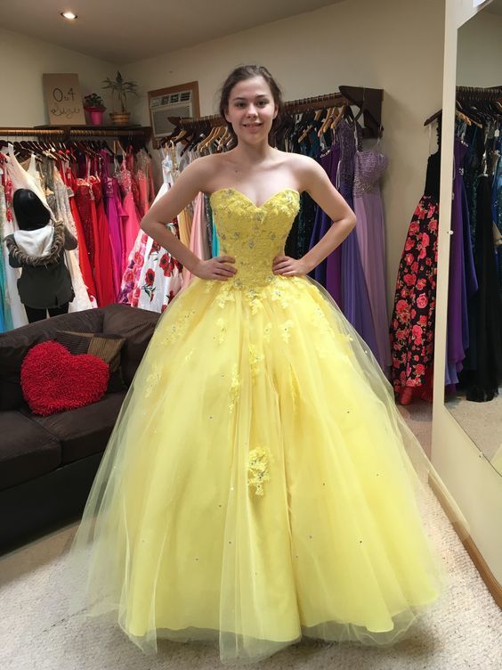 Sweetheart yellow tulle lace long prom dress     fg1825