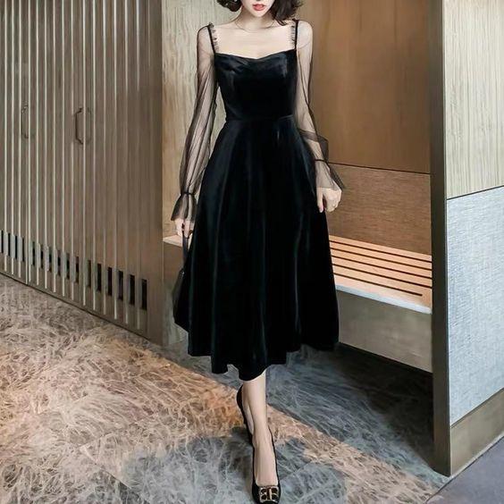 Black formal dress vintage velvet evening dress long sleeve party dress    fg1803
