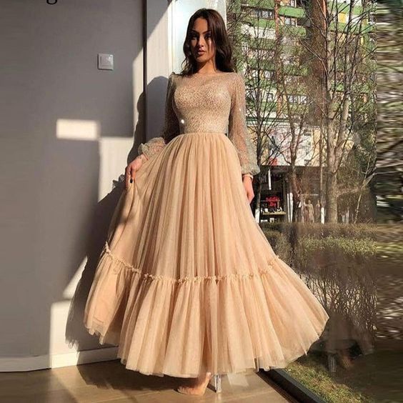 Sexy Shiny Long Sleeve Champagne A Line Elegant Tulle Prom Dress Sheer Scoop Neck Ankle Length Formal Evening Dress      fg1981