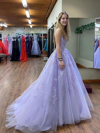 Purple tulle lace long prom dress, purple lace evening dress      fg3273