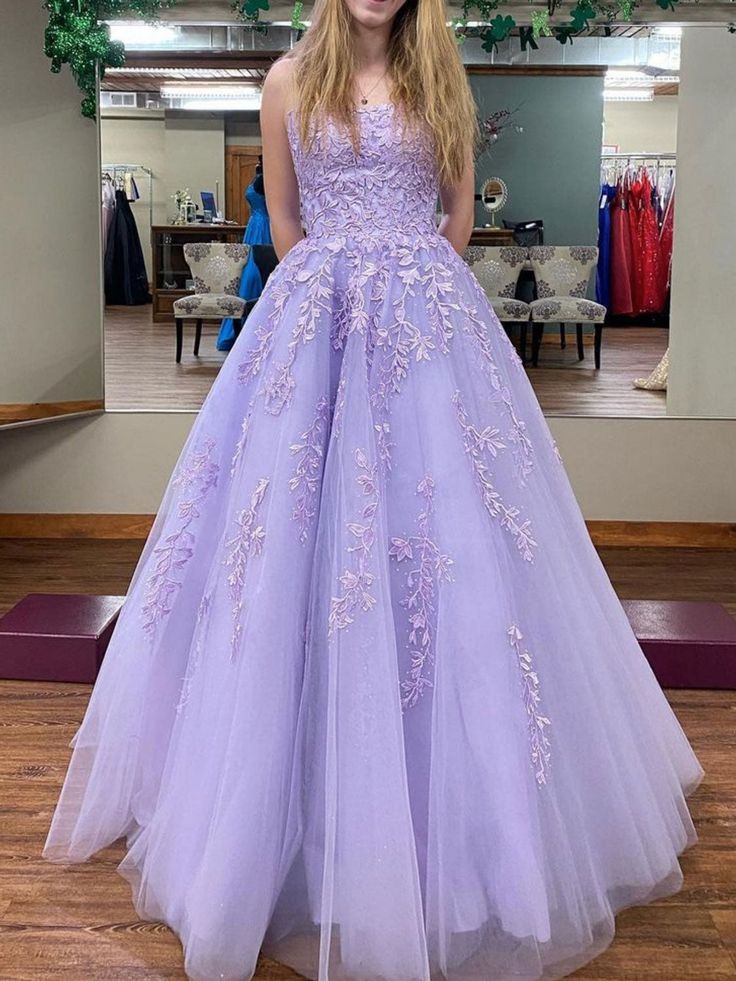 Purple tulle lace long prom dress, purple lace evening dress      fg3273