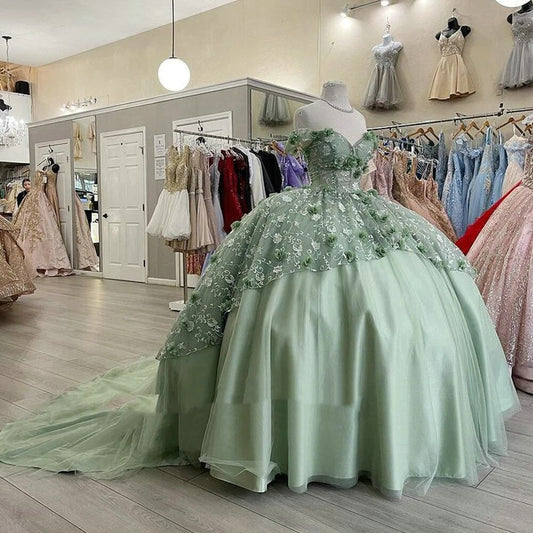 Mint Green Floral Lace Handmade Flowers Quinceanera Dresses lace-up corset Off Shoulder Tiered Corset For Sweet 15 Girls Party     fg3247