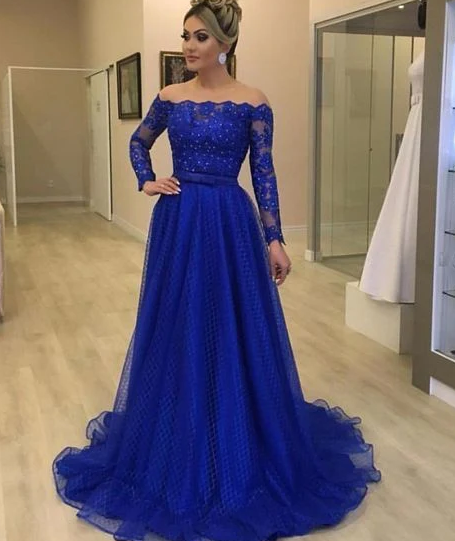 Off shoulder royal blue prom dress    fg1539