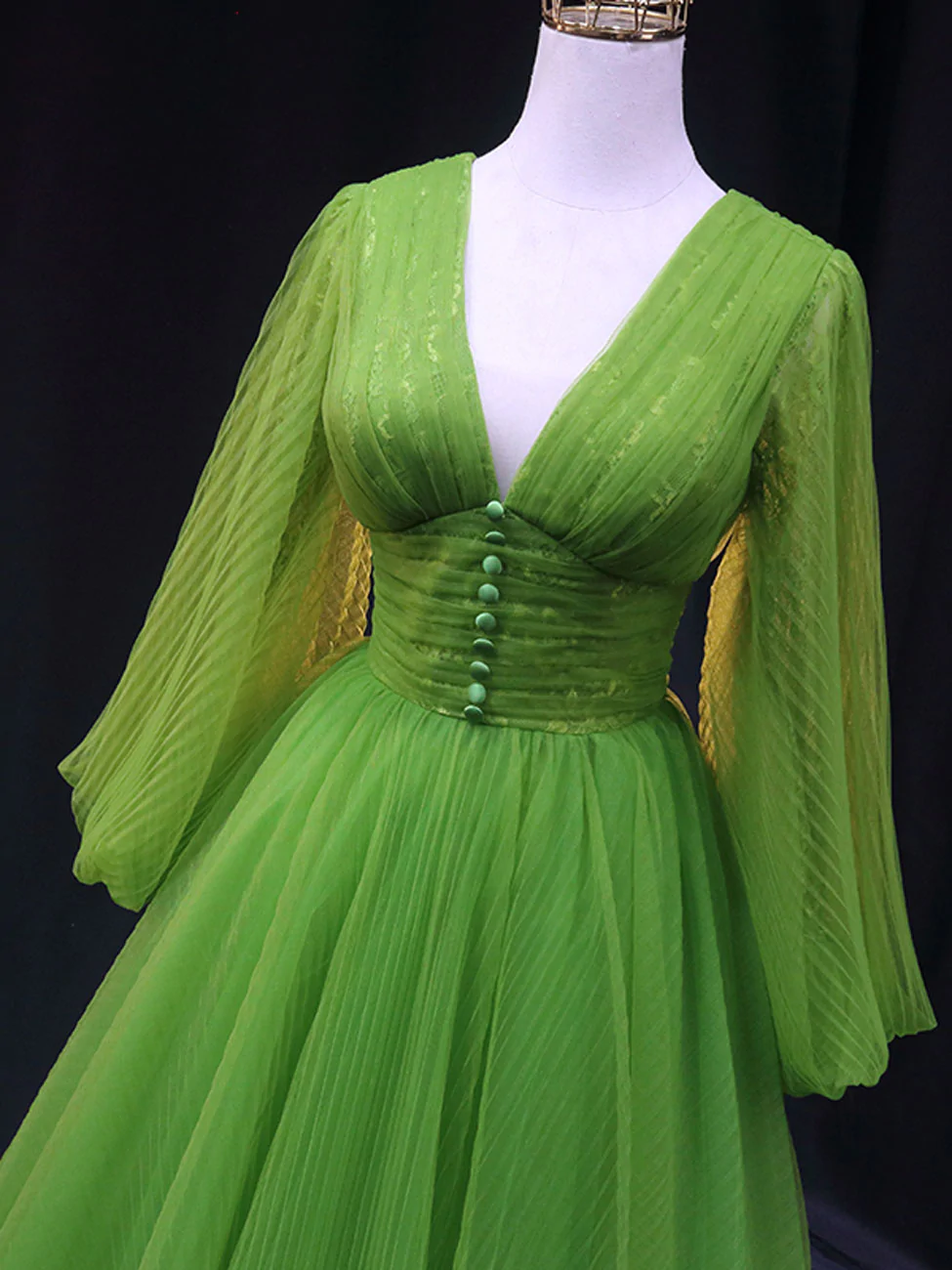 Green A Line Long Prom Dresses, V Neck Green Tulle Long Formal Evening Dresses    fg2229