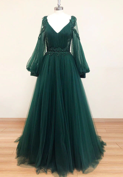 GREEN V NECK LACE A LINE LONG PROM DRESS, GREEN TULLE EVENING DRESS    fg1007
