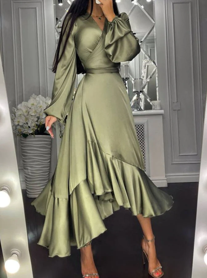 Women's Dresses Solid Long Sleeve Ruffle Slim Fit Dress   fg1515