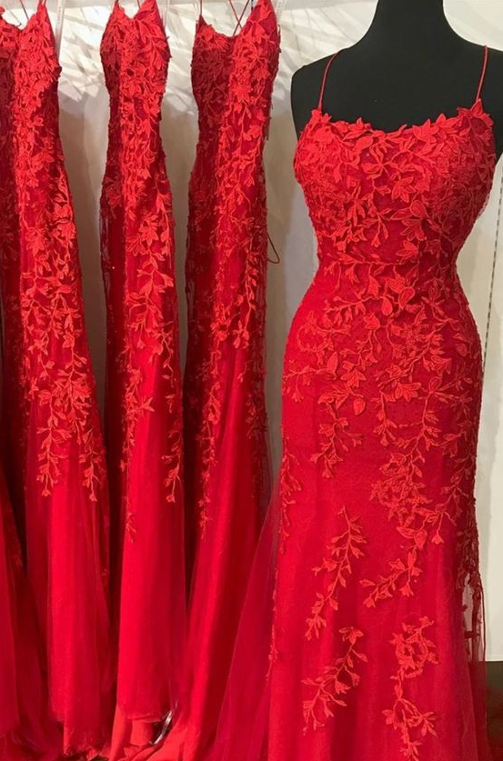 A Line red prom dress lace gown with strappy lace up back    fg2674