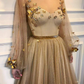 Chic Prom Dresses,A-Line Prom Dress,Scoop Prom Dresses,Long Sleeve Prom Dress,Gold Prom Dresses,Long Prom Dress    fg1802