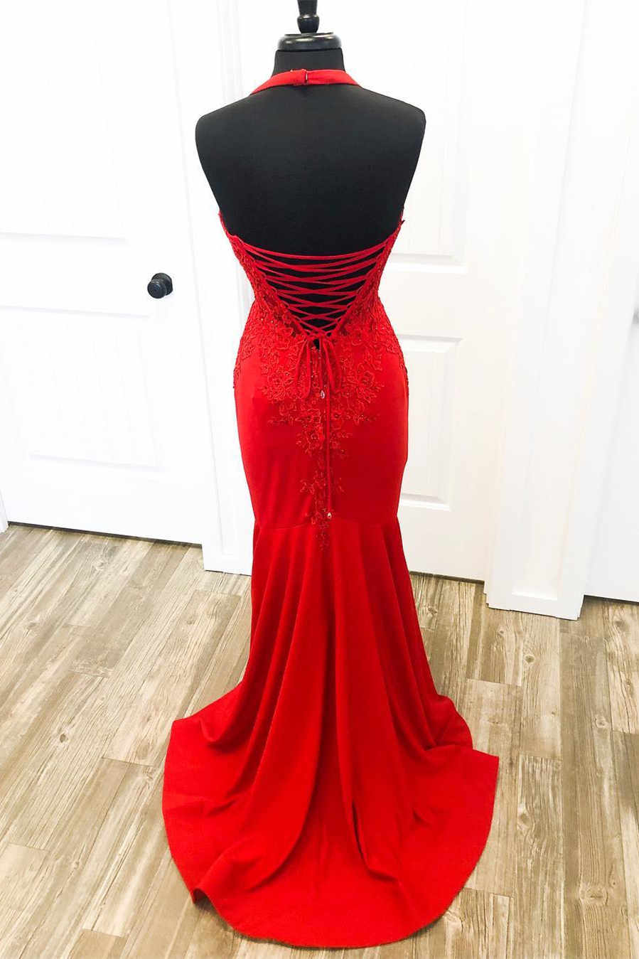 Elegant Red Halter Mermaid Prom Dress with Appliques     fg2368