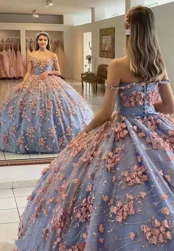 Ball Gown Off The Shoulder Prom Dress With Flowers, Gorgeous Long Quinceanera Dress       fg1691