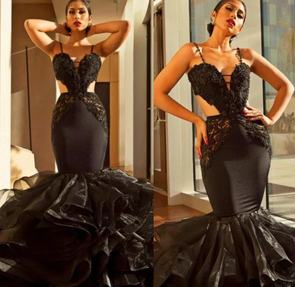 Glamorous Black Spaghetti-Straps Mermaid Prom Dresss Lace Appliques With Ruffles       fg1587