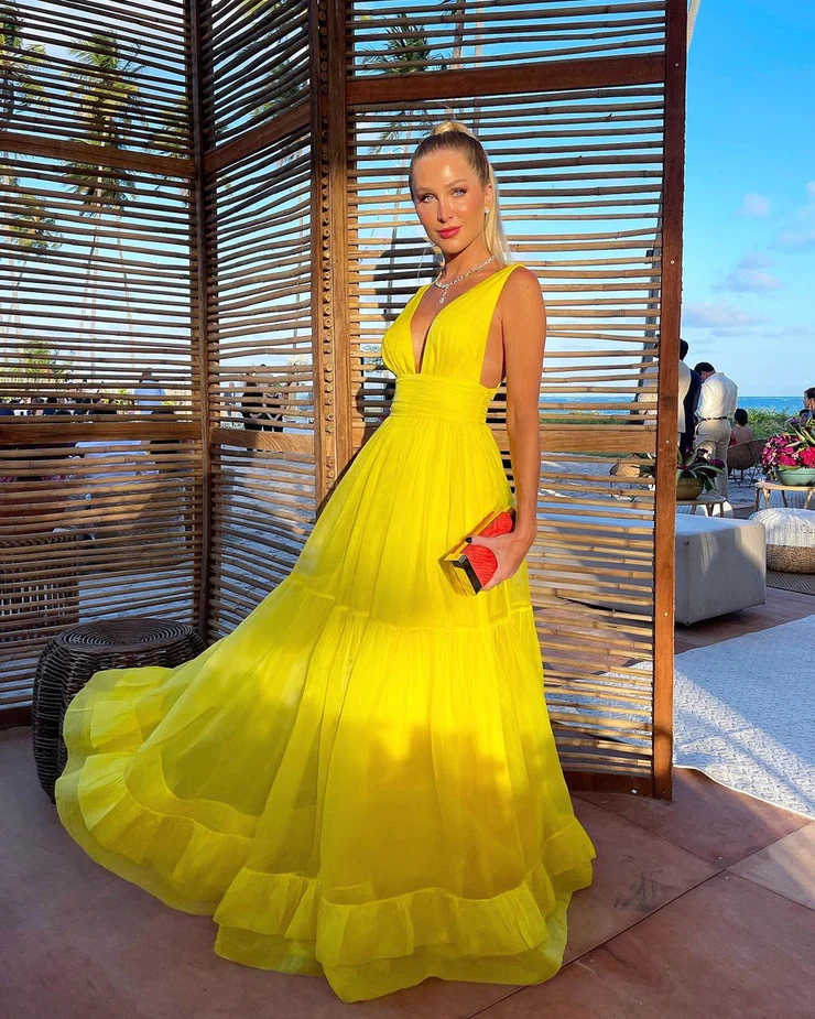 Charming A Line V Neck Yellow Chiffon Long Party Dresses, Wedding Guest Dresses       fg2347