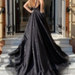 Shiny Tulle V Neck Open Back Black Long Prom Dresses with High Slit, Sparkly Black Tulle Formal Graduation Evening Dresses     fg3076