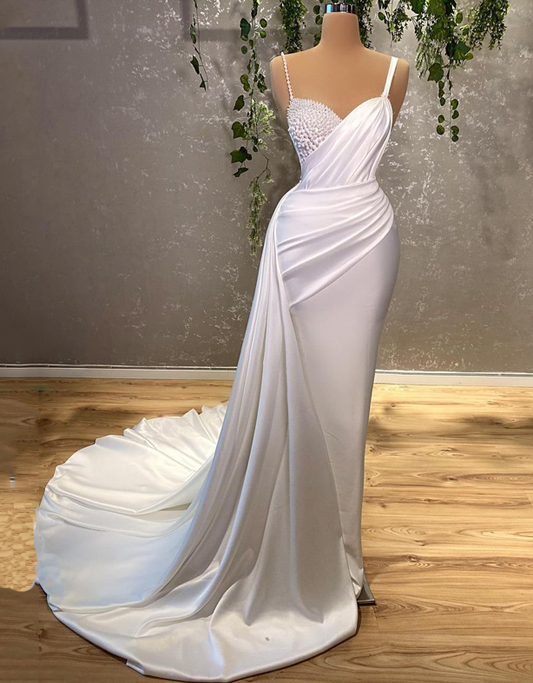 Wedding Dresses For Women Charming Sleeveless Pearls Bride Dress White Mermaid Floor Length prom dresses    fg1550