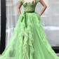 Green Long Tulle Flowers Crystals Prom Dresses Sweetheart High Split Formal Evening Dress    fg1666