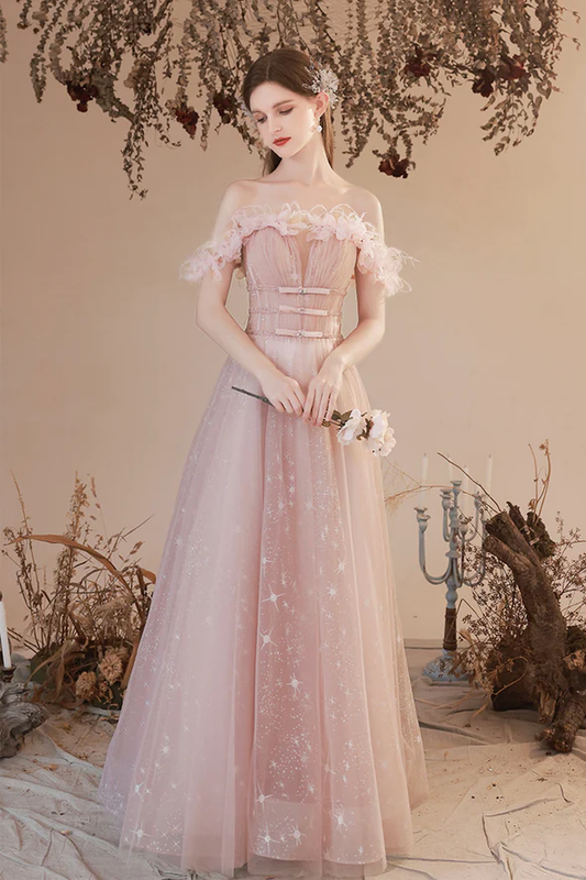 Pink tulle long prom dress A-line evening dress     fg2222
