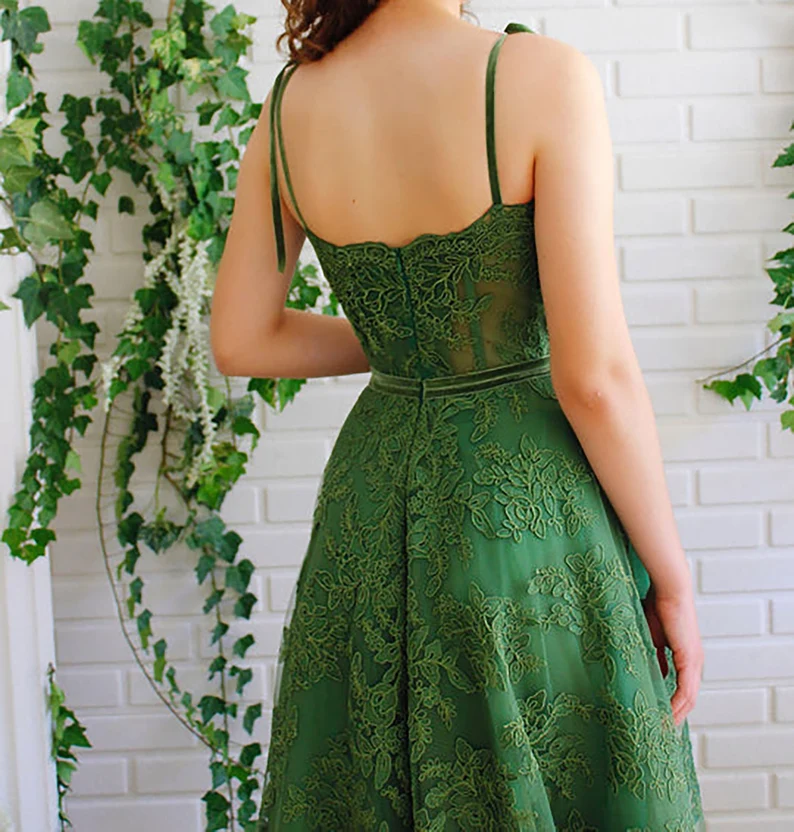 Dark Green Lace Prom Gown,A line Long Green Lace Fairy Prom Dress,Sweetheart Tied Straps Ball Gown Prom Dress, Lace Homecoming/Party Dress    fg2247