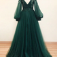 GREEN V NECK LACE A LINE LONG PROM DRESS, GREEN TULLE EVENING DRESS    fg1007