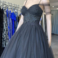 A Line Wedding Dress Princess V Neck Black Tulle Cold-Shoulder Long Prom Gown Formal Dresses   fg3308