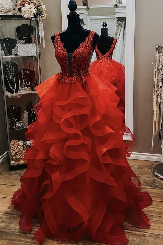 Gorgeous V Neck Open Back Red Lace Long Prom Dress, Red Lace Formal Evening Dress, Red Ball Gown      fg3174