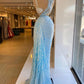 Luxury Sky Blue Evening Dresses Crystals Beaded Sleeveless Mermaid Long Length Tulle Sexy Women Prom Pageant Gowns    fg100