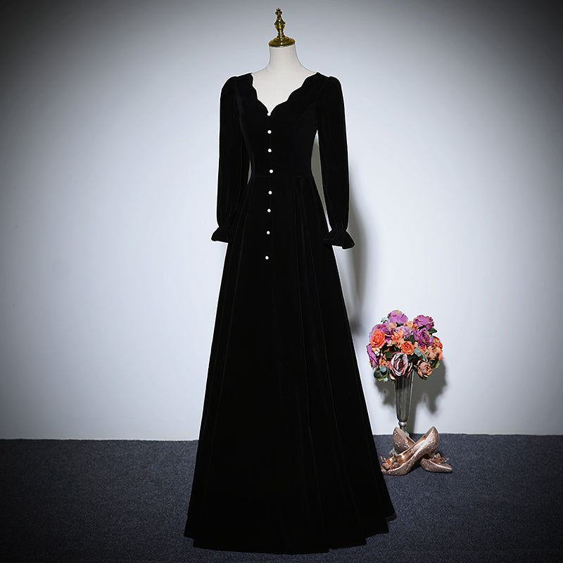 New black long-sleeved velvet dress  prom dress      fg158