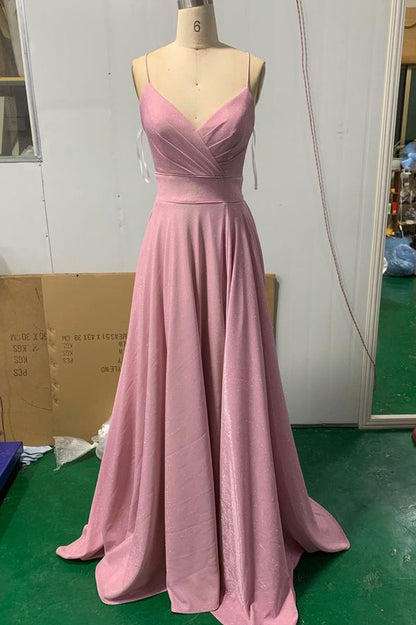 Pink V-neck long prom dress A-line evening dress     fg25