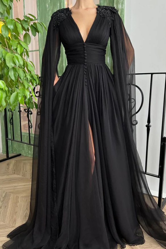 Black V-neck chiffon long prom dress A-line evening dress     fg259