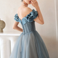 Blue tulle long A line prom dress off shoulder evening dress    fg277