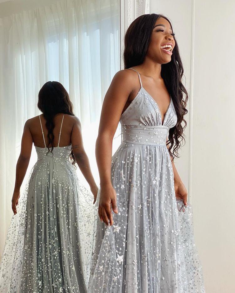 Spaghetti Straps Long Silver Tulle Prom Dress With Split       fg290