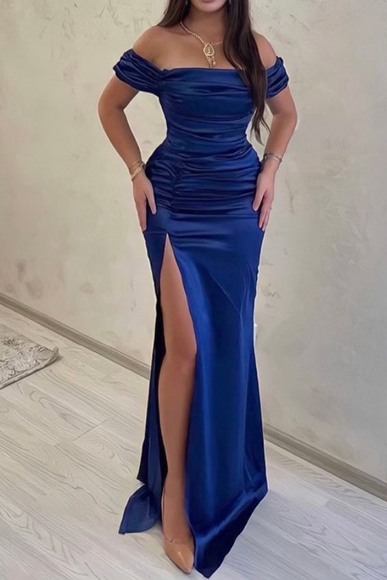 Slash Neck Sexy Side Slit Pleated Evening Party Long Prom Gown Evening Dress    fg326