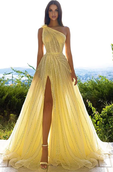 GLITTERING ONE SHOULDER DAFFODIL SEQUINS PROM DRESS LONG SPLIT ONLINE     fg346