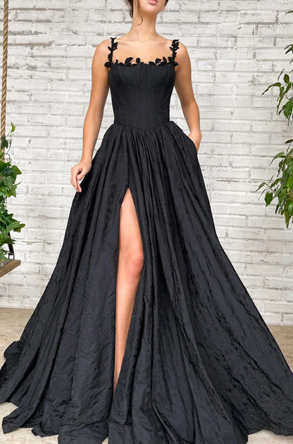 Black A Line Taffeta Long Prom Dress With Slit       fg360