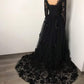 Black floral gothic wedding dress, black flower tulle lace dress, alternative bridal gown prom dress long formal gowns      fg365