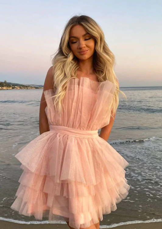 Sparkly Cute Strapless Pink Tulle Short Homecoming Dress     fg379