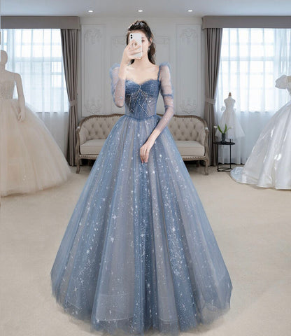 BLUE TULLE BEADS LONG PROM DRESS BLUE EVENING DRESS       fg426