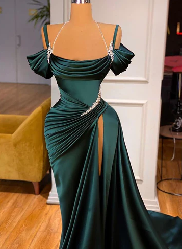 STUNNING OFF-THE-SHOULDER MERMAID PROM DRESS RUFFLES WITH HIGH SPLIT       fg449