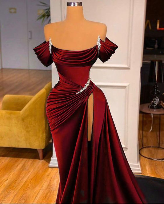 STUNNING OFF-THE-SHOULDER MERMAID PROM DRESS RUFFLES WITH HIGH SPLIT       fg452