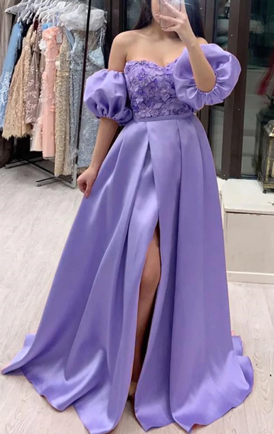 Removable Sleeves Lavender Lace Long Prom Dresses with High Slit, Lavender Lace Formal Dresses, Purple Evening Dresses         fg478