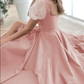 A-Line Elegant Vintage Engagement Pink Prom Dress Scoop Neck Short Sleeve Sweep / Brush Train Satin with Pleats Split        fg530