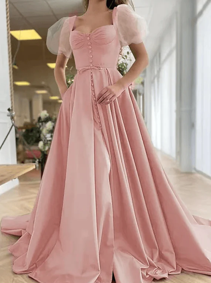 A-Line Elegant Vintage Engagement Pink Prom Dress Scoop Neck Short Sleeve Sweep / Brush Train Satin with Pleats Split        fg530