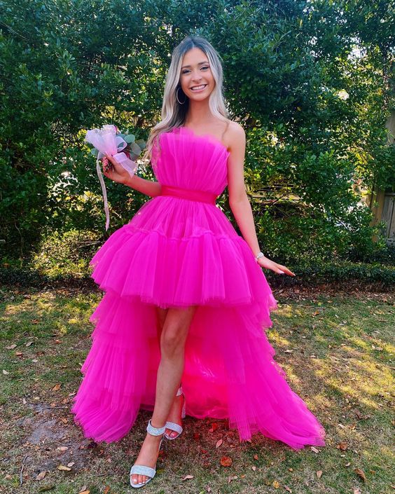 Hot Pink Strapless High Low Formal Gown,Tulle Prom Evening Dresses    fg538